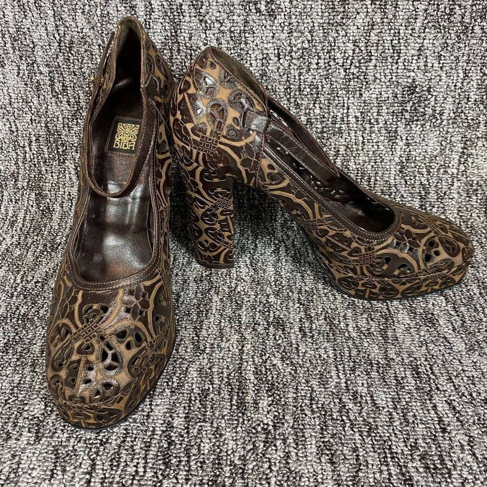 VTG 90s BIBA Italy Deco Laser Cut Out Leather Platform Mary Jane Heels Women 7.5